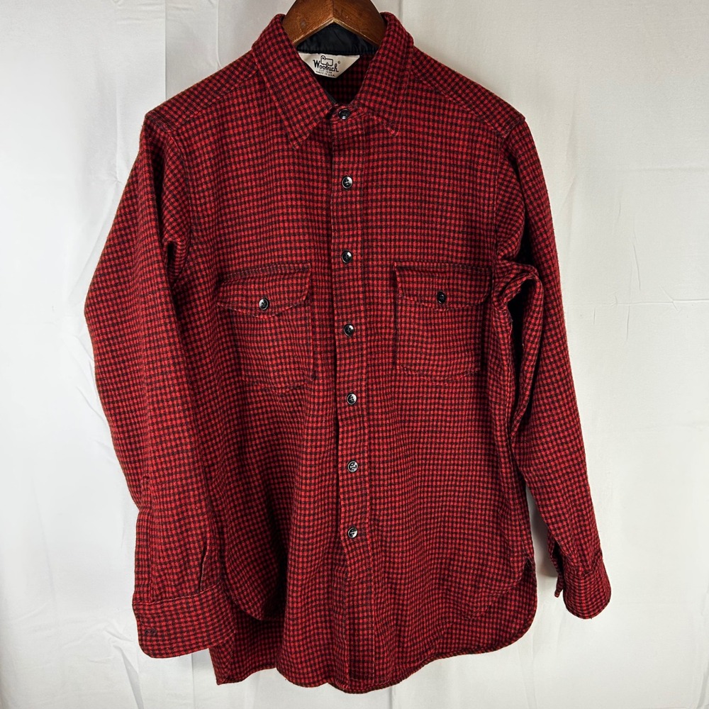 VTG Woolrich Flannel Shirt Mens Large Red Black Micro Check‎ Wool Blend Made USA